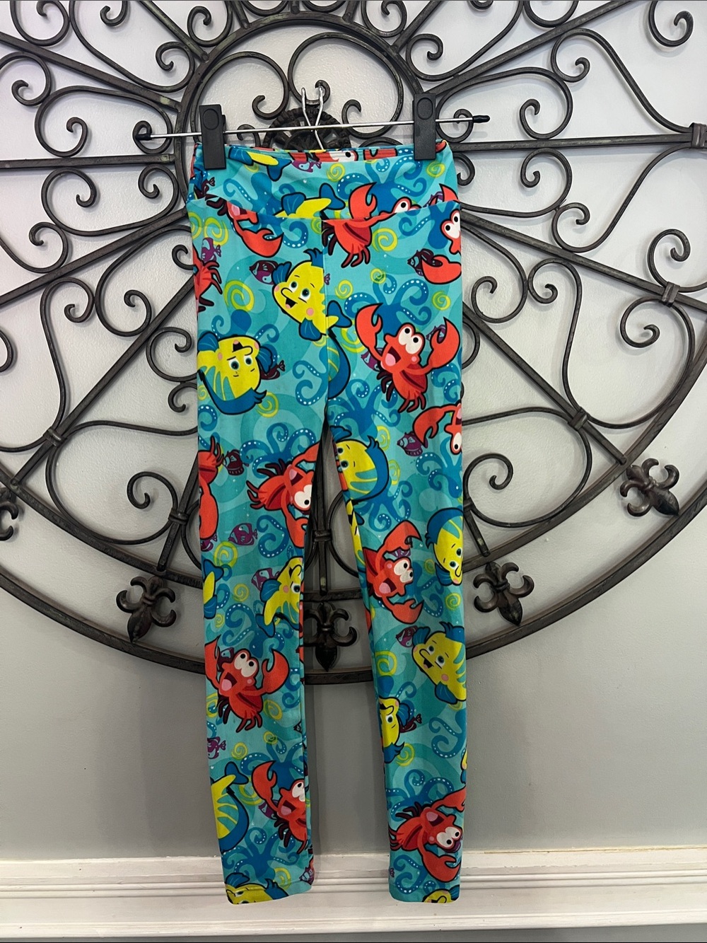 LuLaRoe Kids Leggings Blue Teal with Red and Yellow Sea Creatures little mermaid